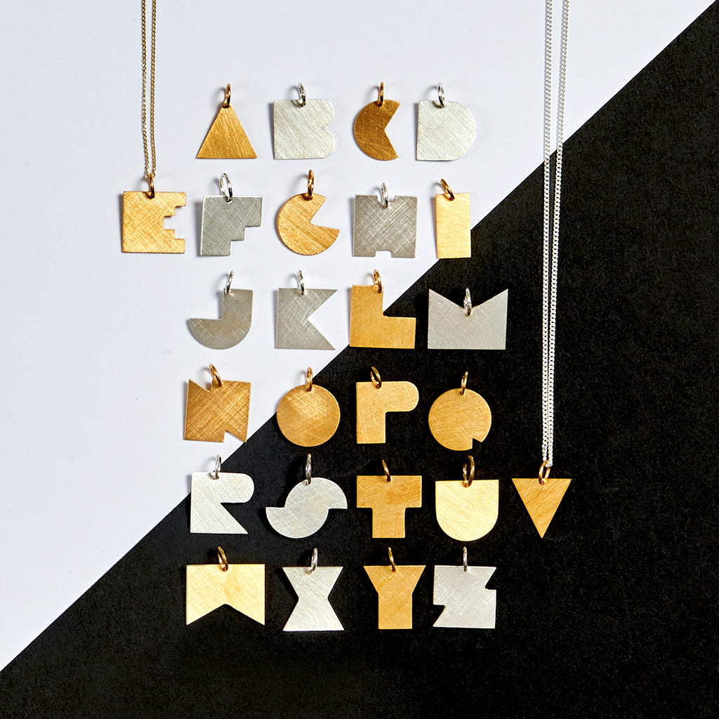 Darkroom Geometric Jewellery Bauhaus Alphabet Pendants Gold Silver Handmade in London