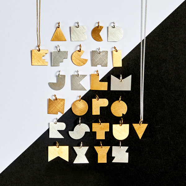 Darkroom Geometric Jewellery Bauhaus Alphabet Pendants Gold Silver Handmade in London
